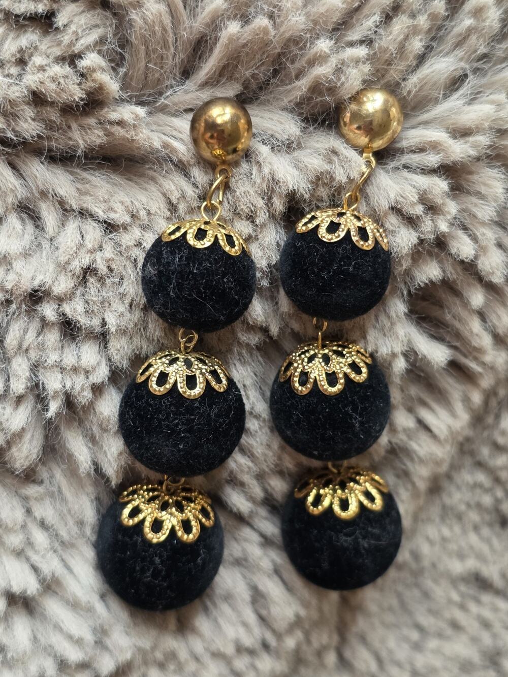 3 Inch Dangle Earrings Art Beads Gold Tone Filgree Black Velvet Earrings